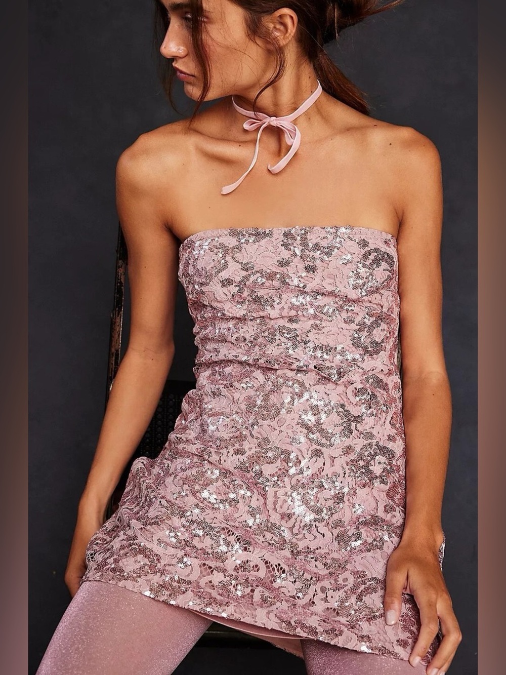 FREE PEOPLE Night Gaze Mini Sequin Lace Dress Pink Strapless Party Sexy M Boho